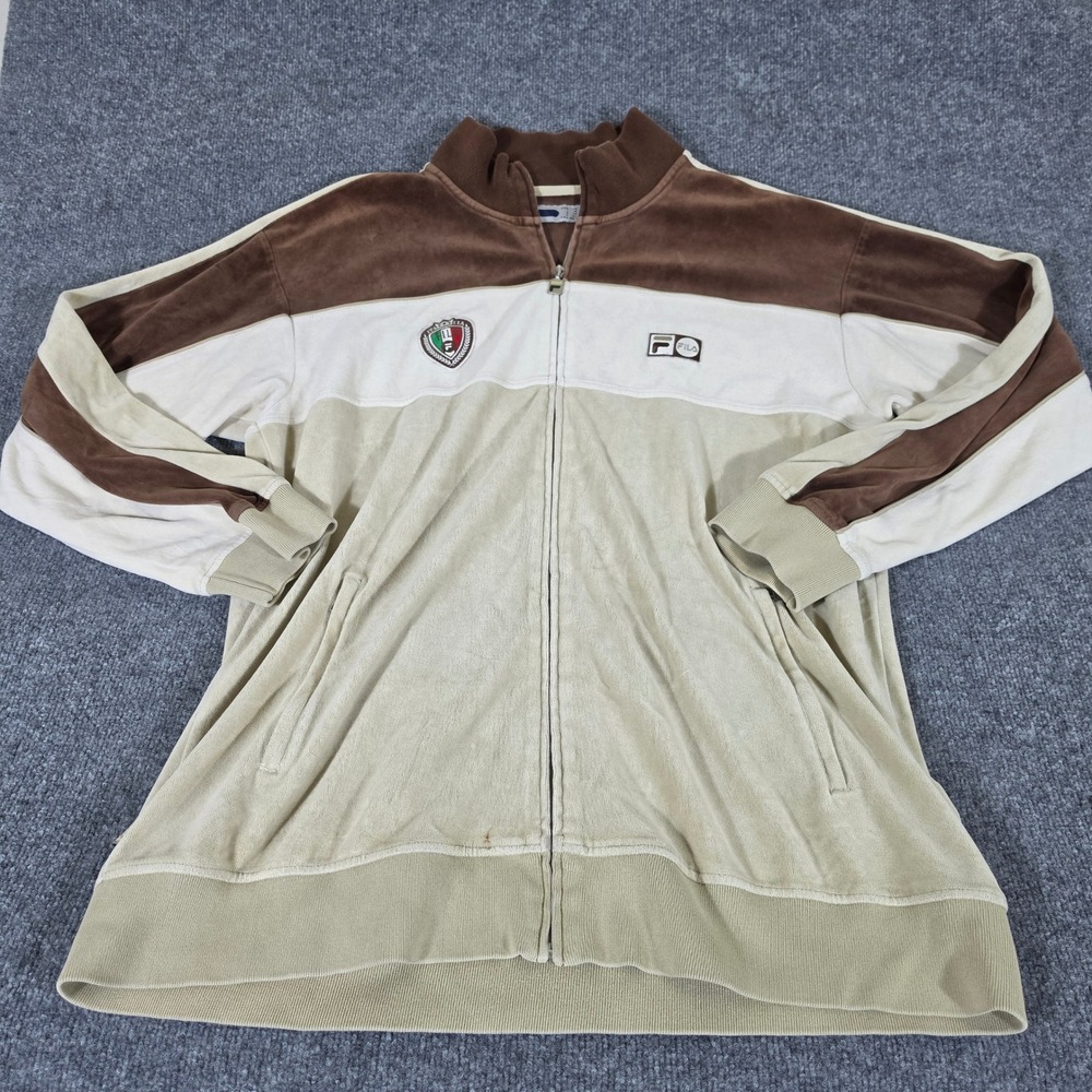 Fila Mens XXL Velour Track Jacket Brown Cream Tan Colorblock Full Zip Mock Neck